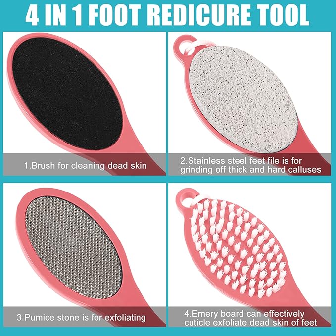 Foot File Callus Remover-2 Pcs 4 in 1 Foot Scrubber Dead Skin Remover for Feet,Pumice Stone, Foot Rasp and Sand Paper for Home Foot Care,Foot Brush for Shower (Red Pedicure Foot File)