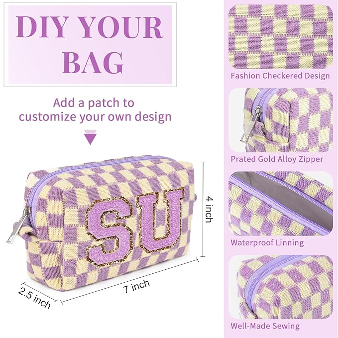 SOIDRAM Checkered Makeup Bag Preppy Cosmetic Bag Bulk Purple Makeup Pouch Personalize Travel Toiletry Bag Organizer Cute DIY Makeup Brushes Storage Bag for Women