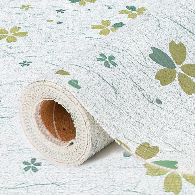 FIFTY FEET 12"x120" Non-Adhesive Shelf Liner for Kitchen Cabinets and Drawers, Washable Non-Slip PVC Cabinet Liner (Green Floral)(6 Roll)