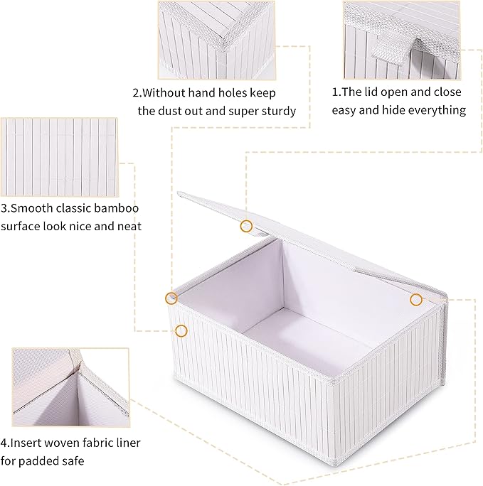 Honygebia Bamboo Decorative Storage Boxes - Set of 3 Woven Lined Storage Baskets with Lids, White Wicker Lidded Baskets for Home Kitchen Shelf Organizer Decor
