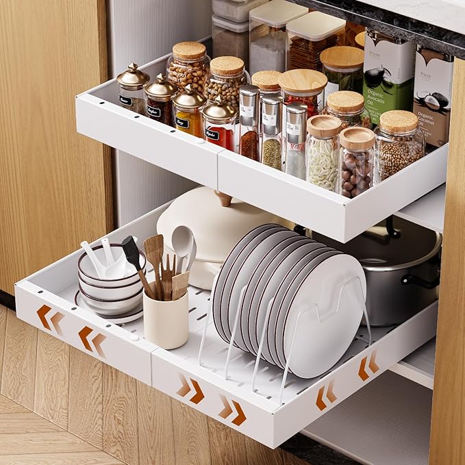 OneDream 1 Pack Pull Out Cabinet Organizer, 21" Deep Slide Out Drawers for Kitchen Cabinets, No Drill Adhesive Pull Out Drawers for Cabinets, Roll Out Shelves Adjustable Width 12.05"-20.4"