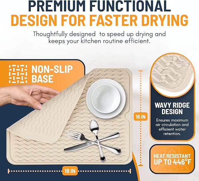 Silicone Dish Drying Mat for Kitchen Counter - Multi-Use 18 x 16 Inch Pad, Non-Slip & Heat-Resistant, Perfect Dish Drainer Mat by Linda’s Essentials, Ideal Kitchen Accessory (Beige)