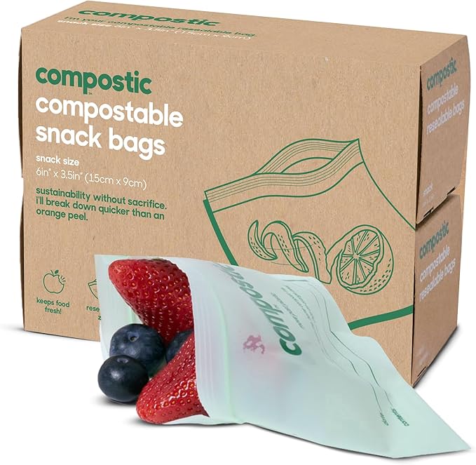 Compostic Home Compostable Resealable Snack Size Bags, Microwave & Freezer Safe, Organic Food Storage Container, 90 Count + 10 Bonus Bags