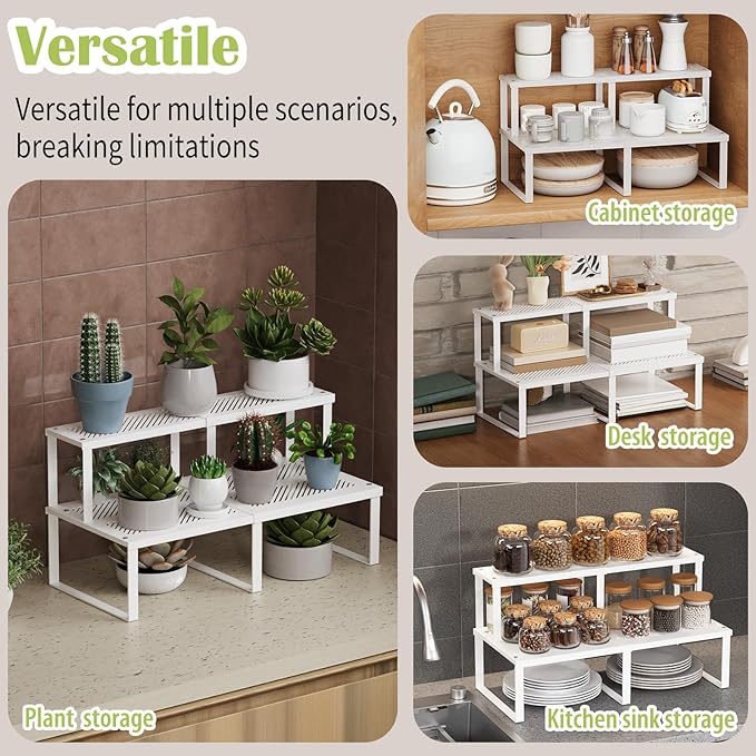 2 Pcs Stackable Kitchen Cabinet Shelf Organizer Counter Shelf Pantry Dishes Storage Shelves Rack