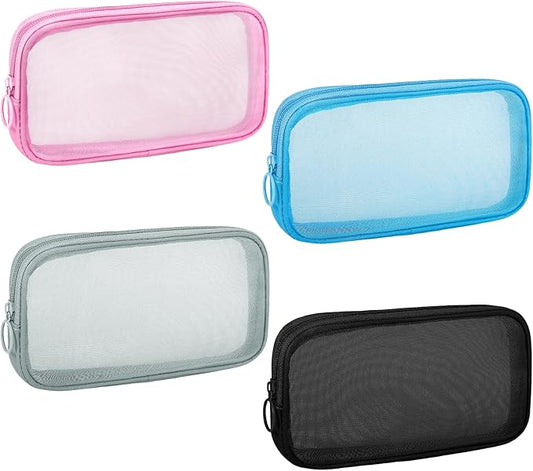4 Pieces Mini Zipper Nylon Mesh Pouch, Mesh Cosmetic Bags Makeup Bags, Multipurpose Travel Toiletry Bags for Office Supplies and Travel Accessories (Multicolored, M)