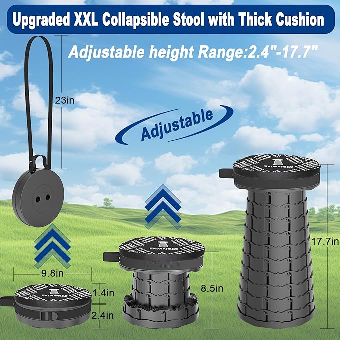 2025 Upgraded 45cm Collapsible Stool with Cushion, Maximum Loading 440 Pounds, Portable and Lightweight Adjustable Seat, Camping Retractable Stool for Outdoor Camping, Fishing, Hiking, BBQ