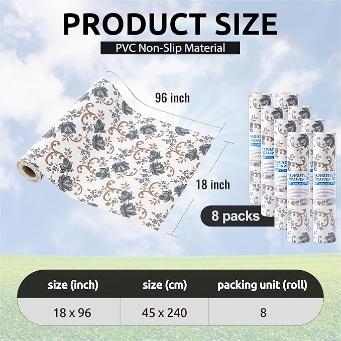 FIFTY FEET 18X96 Inch Shelf Liner for Kitchen Cabinets, PVC Drawer Liner for Dresser Non-Slip Bathroom, Non-Adhesive Cabinet Liner Washable (Black Floral)(8 Roll)