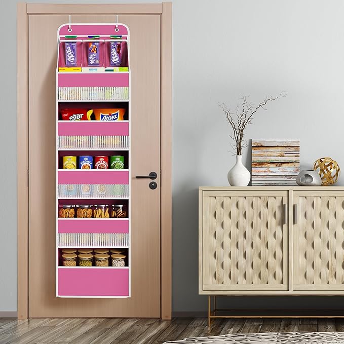 Univivi 6-Shelf Over Door Hanging Organizer Fabric Baby Door Storage with 5 Large Pockets and 3 Small PVC Pockets Wall Mount Hanging Storage Organizers for Baby Essential (Pink)
