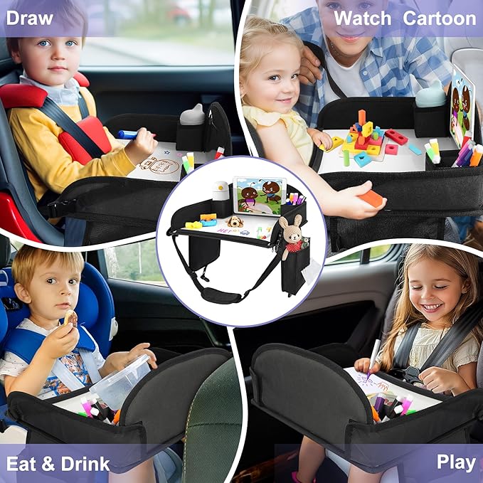 2Pcs ‎Kids Travel Tray, Kids Travel Trays for Car Seat, Road Trip Essentials for Toddler, Carseat Lap Tray with Dry Erase Board & Storage Organizer for Road Trip Activities for Kid, Black