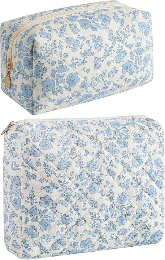 HHQQWZ Makeup Bag Travel Cosmetic Bag for Women Girls, Zipper Make Up Pouch, Floral Flowers Toiletry Organizer Makeup, Portable Storage Bag, Cosmetic Travel Cloth Bag (2 Pack (L+S)/Blue Floral)