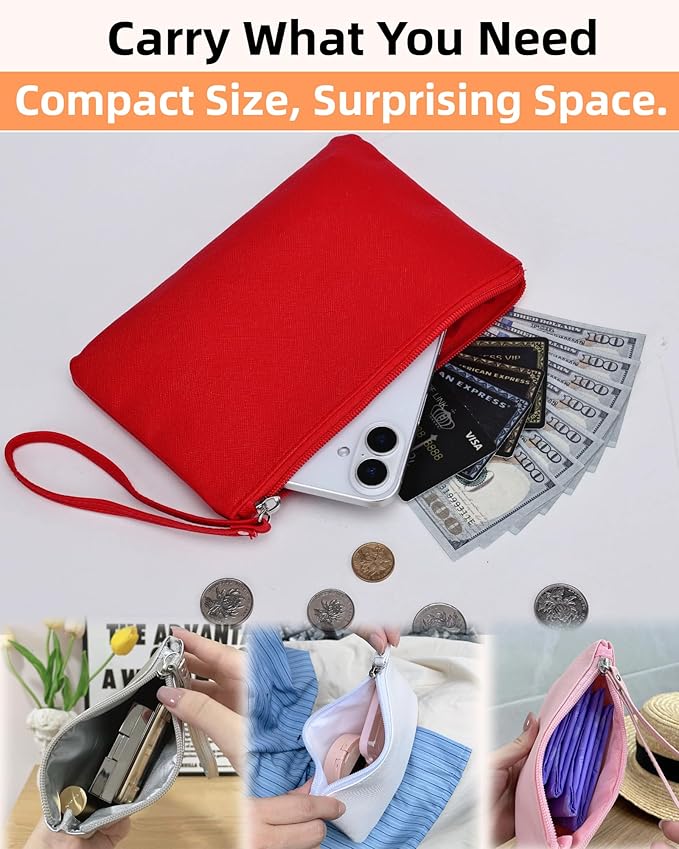 2 Pack Small Zipper Pouch Mini Makeup Bag for Purse Lipstick Cosmetic Travel Make Up Organizer for Women Essentials Feminine Products, Car Change Coin Holder 8x5 Phone Wristlet Wallet, Pink Red