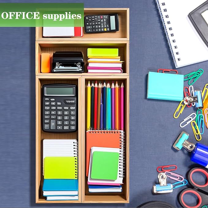 Bamboo Drawer Silverware Organizer, Flatware Organizer, Bamboo Storage Box for Office, Bathroom and other objects storage (large14.2 x5 x2 Small 9.85"x3.55"x1.78"- Set of 4)