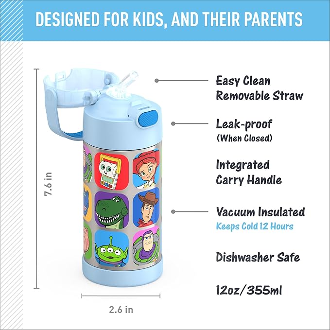 THERMOS FUNTAINER Water Bottle with Straw - 12 Ounce - Kids Stainless Steel Vacuum Insulated Water Bottle with Lid, Toy Story 5