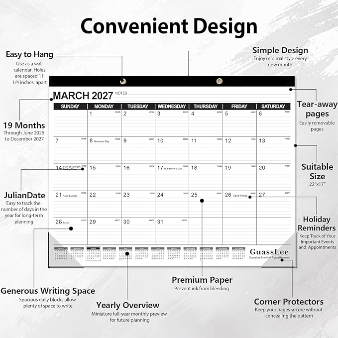 GuassLee Large Desk Calendar 2026-2027,19 Months from Jun. 2026 to Dec. 2027, 22 x 17 Inches Desktop Wall Calendar Hanging Planner with Julian Date, Notes, Corner Protectors for School Home Office