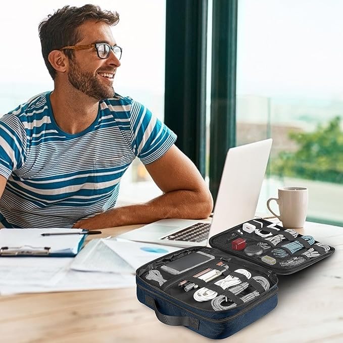 MATEIN Cord Organizer Travel for Men, Large Travel Accessories Changer Case for Cables, Cell Phone and Tablet (Up to 12.9inch), Portable Double Layers Cable Organizer Box, Navy Blue, Tech Gifts