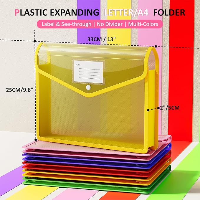 ThinkTex Plastic Expanding File Folder, Transparent Envelopes with Snap Closure,Suitable for Home, Office, School and Hospital, Large Capacity，No Dividers, Dopamine-5-Color, Fit Letter/A4 Size-5 Pcs