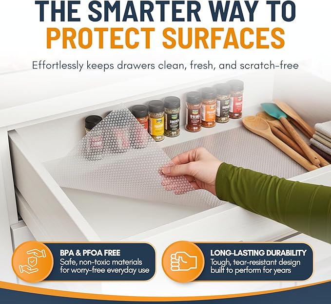 Shelf Liner Drawer Liner for Kitchen Cabinets Non-Adhesive by Linda’s Essentials (12 x 60 Inches) - Non-Slip Easy Clean Kitchen Cabinet and Cupboard Protector, Waterproof Mat, Clear Roll