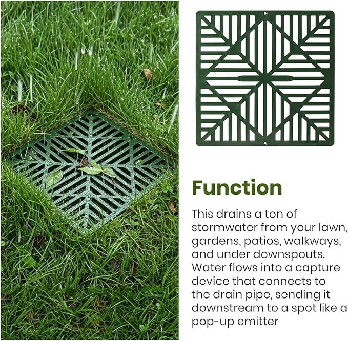 Calvana 2 Pack 12 Inch Catch Basin Drain Grate, Fiberglass Reinforced Polyethylene Square Drain Cover for Yard Patio Driveway Drainage, Green