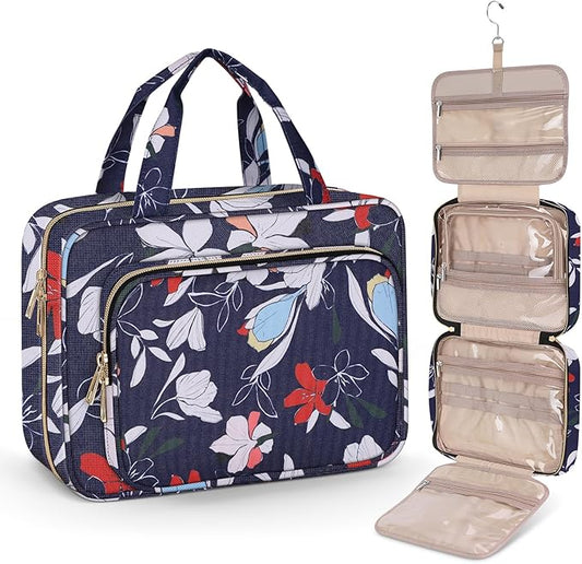 Wedama Toiletry Bag for Women, Large Cosmetic Travel Bag, Hanging Toiletry Bag for Bathroom, PVC Waterproof Makeup Bag, Toiletries Bag for Travel Business Trips and Camping, Blue+White Floral
