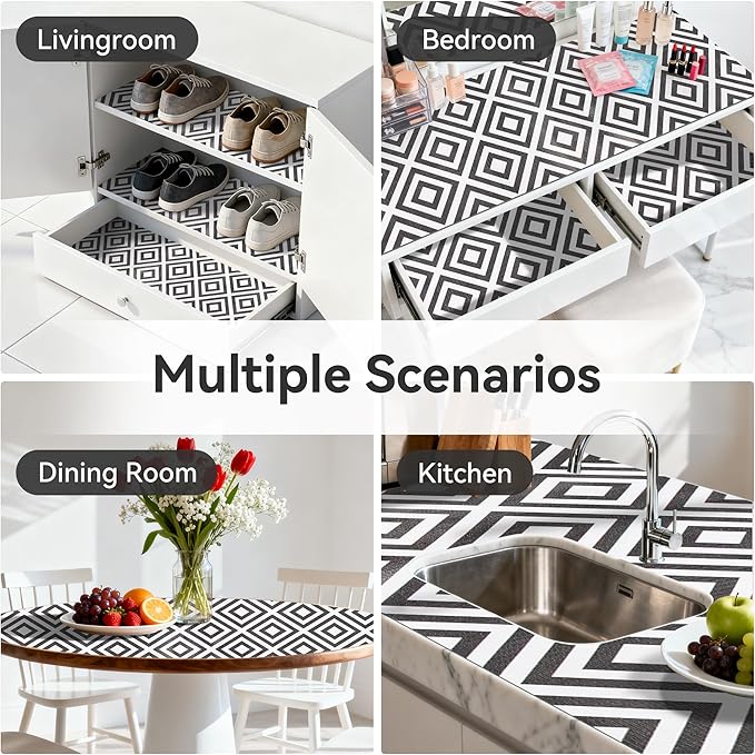 FIFTY FEET 12"x120" Non-Adhesive Shelf Liner for Kitchen Cabinets and Drawers, Washable Non-Slip PVC Cabinet Liner (Black Plaid)(10 Roll)