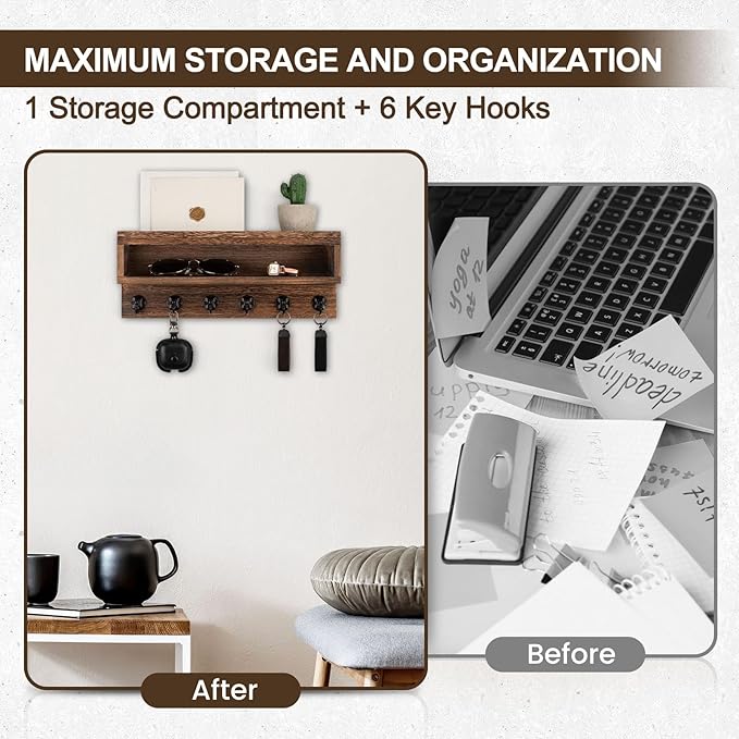 Key and Mail Holder Wall Mount, Key Hanger with Long Storage Box and 6 Hooks for Coat, Dog Leash, Home Decor Rack, House Accessories, Entry Way Organizer (Brown)