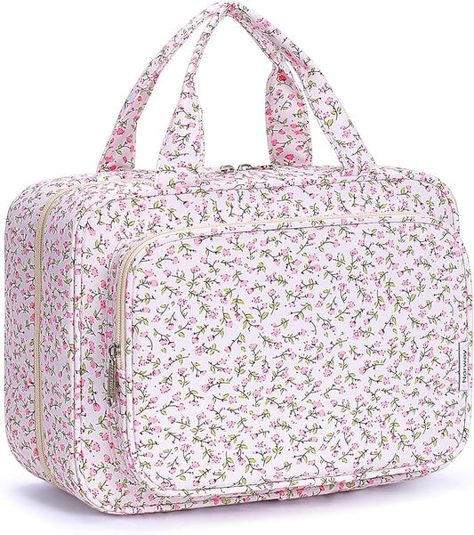 Narwey Travel Toiletry Bag for Women Large Hanging Makeup Bag Organizer Toiletries Bag for Full Size Essentials Accessories Cosmetics (Green Leaves and Flower (Large))
