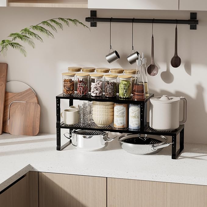 Zilvando Expandable Spice Rack & Kitchen Cabinet Organizer - Stackable, Adjustable Shelves for Cabinets, Countertops, Cupboards & Pantries(1 Pack/Medium/Black)