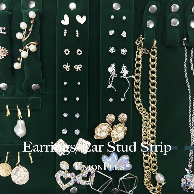 UnionPlus Velvet Travel Jewelry Case Roll Bag for Necklaces Brackets, Great Jewelry Organizer for Travel, Multi Jewelry Organizer, Blackish Green