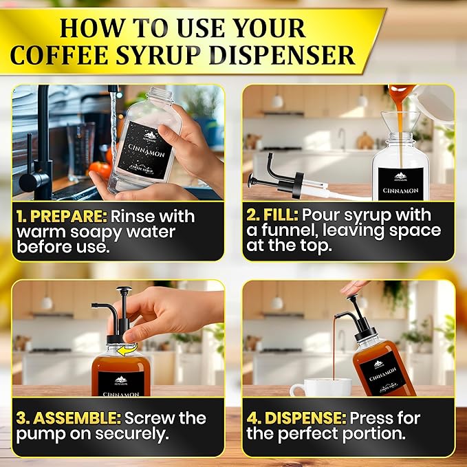 Set of 4 Glass Syrup Dispensers 16.9oz 500 ml – Pump Coffee Dispenser with 18 Marked Labels, Leak-Proof, Easy Cleaning – Coffee Essentials for Coffee Bar | Parties & Event Ready (Black Pumps)