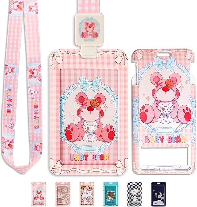 Cute ID Badge Holder with Clip Badge Reels and Lanyards with Badge Reel with 15 inches Pull Cord for School, Teacher, Student, Women, Men (Cartoon Bear)