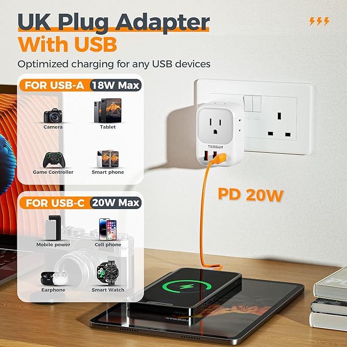 UK Adapters for Travel, TESSAN US to UK Ireland Plug Adapter 20W, Foldable Power Adapter with 4 Outlets 3 USB (PD 20W 1 USB C) Charger, Type G for USA to Scotland London England Hong Kong Dubai Ireland