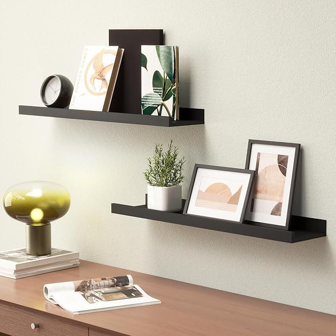 Long Floating Shelves, 2 Set Modern Black Wall Shelf for Bedroom, Nursery Book Shelf with Lip, Picture Ledge Shelf for Living Room Bathroom Kitchen - Black, 23.6 In