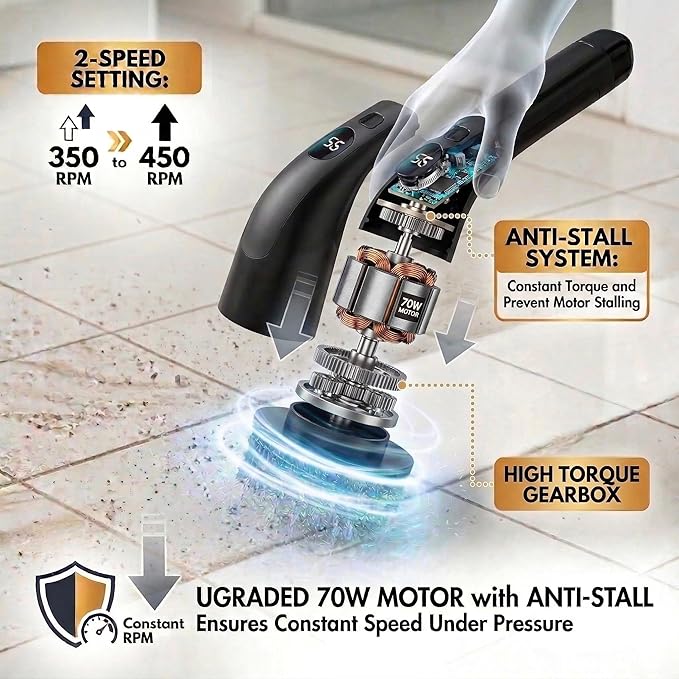 LIVINGPRO Electric Spin Scrubber with LCD Display, Cordless Cleaning Scrubber for Home, Upgraded 70W High-Power Motor, IPX7 Waterproof Dual Speed Power Scrubber, 7 Brush Heads, Extendable Long Handle