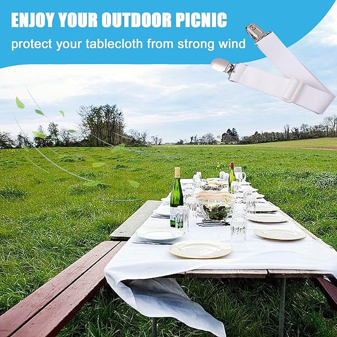 Table Cloth Holder Clips Hidden Strap 5 Pack, Adjustable Elasticity Picnic Tablecloth Clip Indoor Outdoor Large Clamp for Thick Tables Bench Cover Party Restaurant Camping RV Essential Accessories