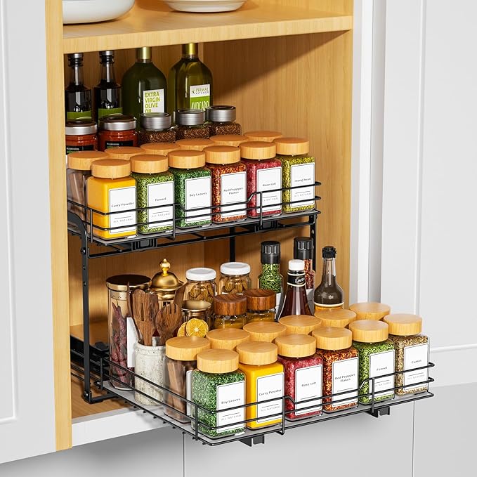 RCHYFEED Spice Organization for Cabinet, 2 Tier Pull out Spice Rack Organizer for Inside Cabinets & Pantry, Slide out Heavy Duty Spice Shelf Rack for Kitchen Seasoning (11.5" Wx10.5 Dx9.5 H)