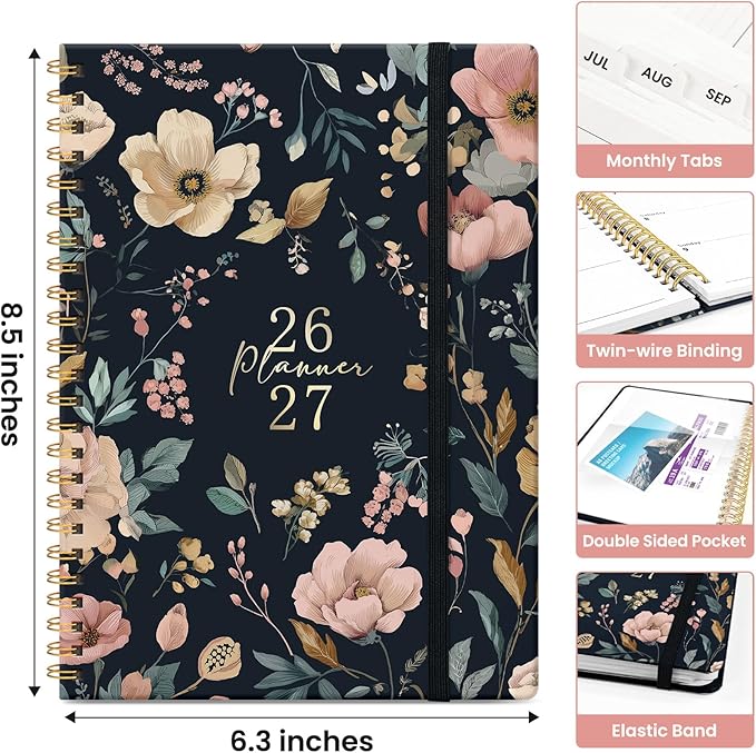Planner 2026-2027, Academic Monthly and Weekly Calendar Planner for Women, July 2026 - June 2027, Hardcover Pretty Agenda Planner Book with Tabs, Spiral Daily Organizer for School Office Home Supplies, 6.3" x 8.5" - Evening Petals