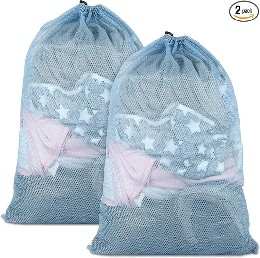 2 Pack Mesh Laundry Bags, 23 x 34 Inches Heavy Duty Mesh Laundry Bag, Large Laundry Drawstring Bag for College, Dorm, Travel, Family and Apartment Dwellers, Aqua
