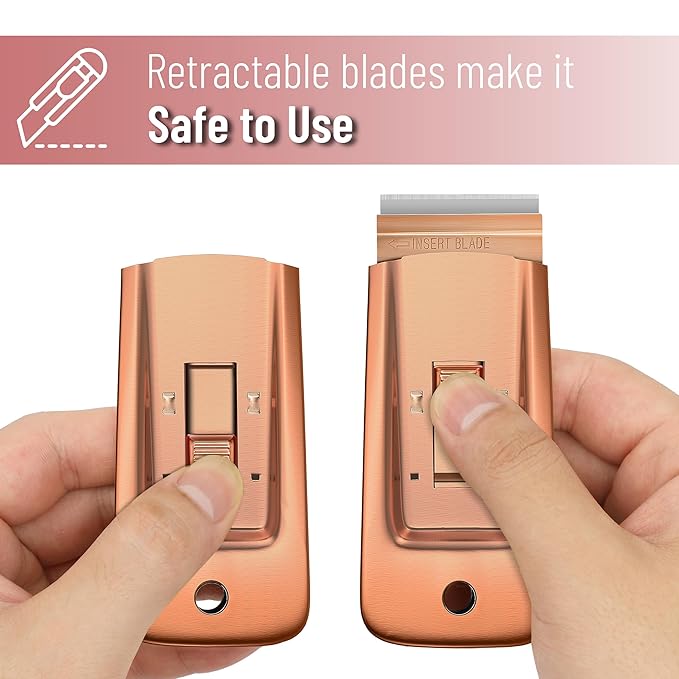 Bates- Metal Razor Blade Scraper Tool, 2 Pack, 30 Extra Blades, Rose Gold, Heavy-Duty Cleaning Razor Scraper Tool