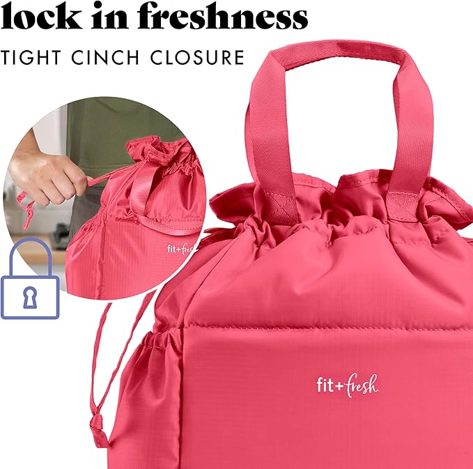Fit & Fresh Cromwell Drawstring Lunch Bag for Women, Complete Lunch Set with 2 Containers, Stain-Resistant, Leak-Resistant, Back to School Essential, Teacher Lunchbox, Watermelon