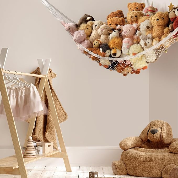 Stuffed Animal Storage Hammock Net Corner - Large Toy Hammock Net for Stuffed Animals Room Decor - Cute Stuff Animal Organizer Holder for Plush Plushie - Kids Baby Nursery Wall Bedroom Home Decor