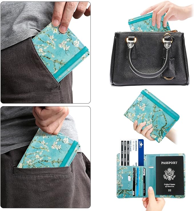 WALNEW Passport Holder for Travel, RFID Passport Cover Wallet for Women Men, PU Leather Passport Book Card Holder Case with Pen, Travelling Essentials for Flying