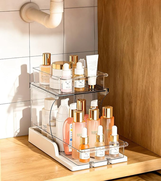 YICHE 2 Tier Multi-Purpose Office Sliding Organizer Shelf, Kitchen Countertop Organizer Drawer for Bathroom Under Sink & Coffee Bar, Space Saving Pull Out Medicine Cabinet Organization Storage Rack