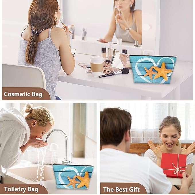Beach Starfish Cosmetic Bag Coastal Blue Wooden Makeup Bags,Travel Make up Bags for Women Girls Cute Zipper Pouch Toiletry Organizer Bag Travel Essentials