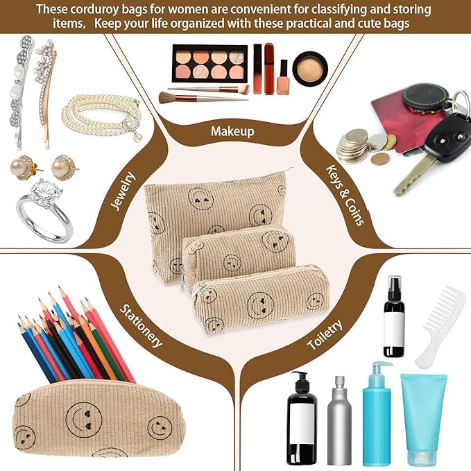 3 Pcs Makeup Bag Set for Women Corduroy Cosmetic Pouch Aesthetic Smile Travel Toiletry Bag Cute Purse Pouch Pencil Case Makeup Brushes Storage Organizer for Christmas(Khaki,Smile Face)