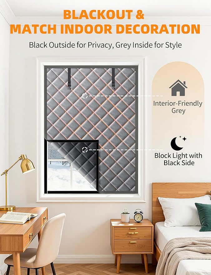 Window Insulation for Winter, 47″×63″ Thermal Window Cover (Fits 44″×60″ Windows ), Dual-Sided Winterizing Cold Blocker Curtain for Home & RV, Reusable Draft Stopper with Roll-Up Buckle
