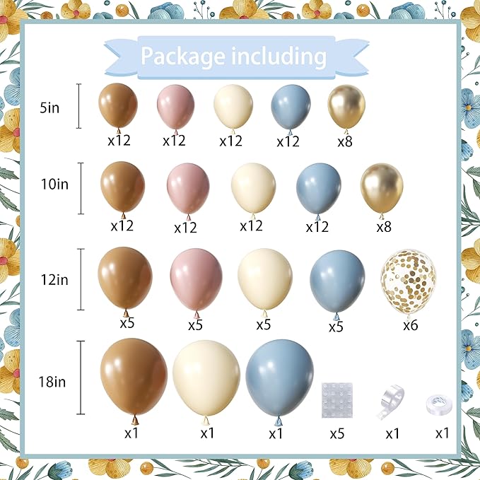 Woaipati 148Pcs Dusty Pink Blue Brown Yellow Balloon Arch Garland Kit, Retro Pink Dusty Blue Brown Pastel Yellow Gold Confetti Balloons for Baby Shower Wedding Engagement Birthday Party Decorations