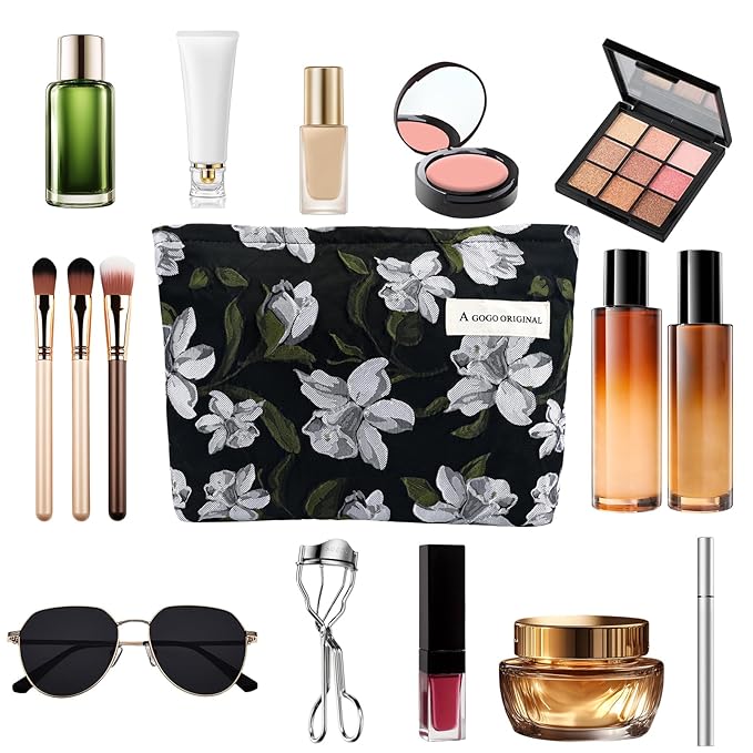 ZLFSRQ Floral Makeup Bag for Women Cute Cosmetic Bag Large Embroidery Travel Toiletry Bags Vintage Brocade Zipper Makeup Pouch for Purse Gift Portable Canvas Toiletry Bags Aesthetic Skincare Organizer