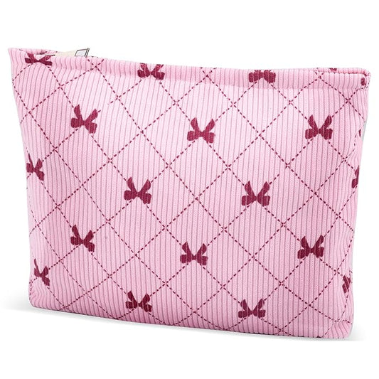 ZLFSRQ Corduroy Makeup Bag for Women Preppy Large Capacity Cosmetic Bags Travel Toiletry Organizer Pouch for Purse Zipper Makeup Brushes Storage Tote Bag Cute Y2K Aesthetic Essential Bags（Pink Bow）