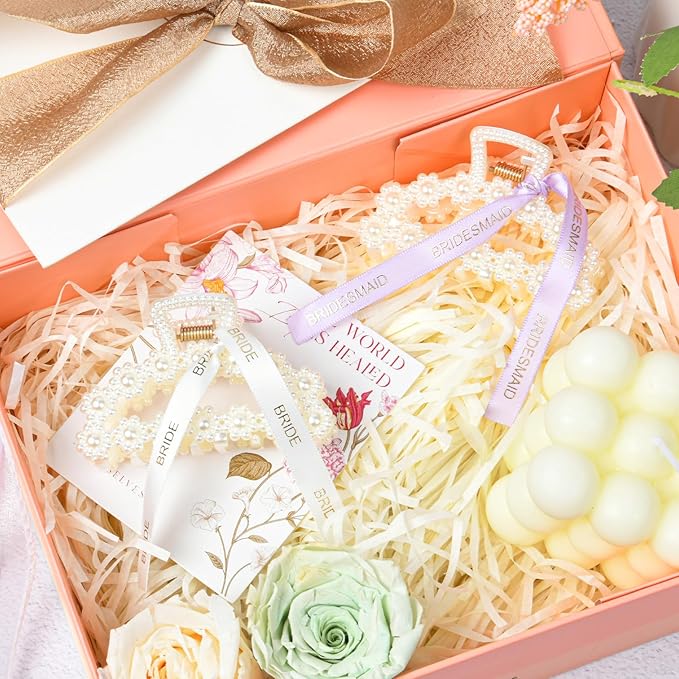 DEEKA Bridesmaid Proposal Gifts 8 Pack Pearl Bridesmaid Hair Claw Clips with Ribbon 3 Inch Hair Clips Bachelorette Party Favors Bridal Party Present Hair Accessories (Half Circle White&Purple)