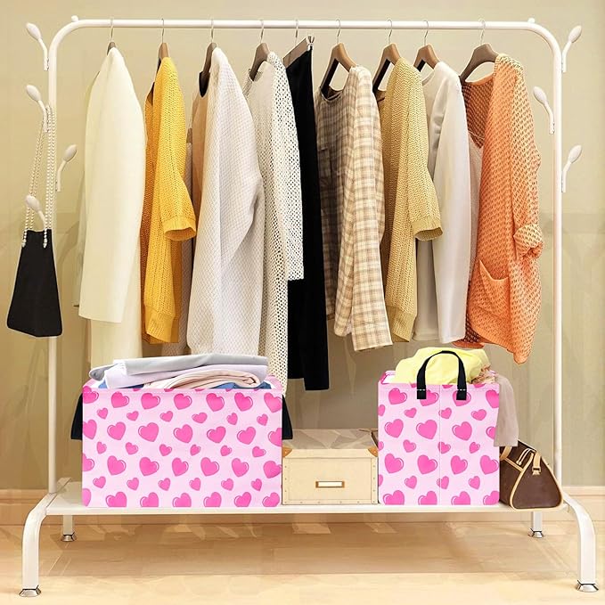 Rec Heart Print Box Hamper Storage Basket Collapsible Organizer Bin Gift Shelf Baskets for Home and Kitchen Storage
